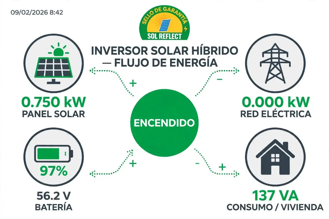 Flujo de energía del inversor híbrido: paneles 0,750 kW, red 0 kW, batería al 97 % y consumo de la vivienda 137 VA